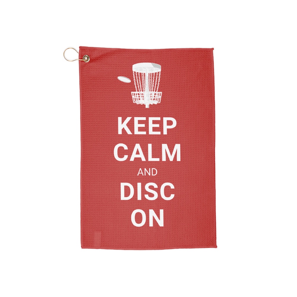Disc Golf Towel with words: Keep Calm and Disc On
